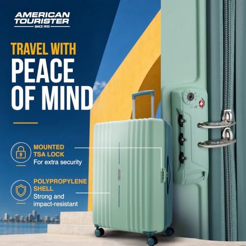 Image of American Tourister Cleva S | Luggage Trolley Bag (67 cm) | 360 8 Wheel Travel Luggage | 2 Compartments | Hard Luggage Polypropylene Suitcase | Mounted TSA Lock | 3 Years Warranty | Mint Green & Green