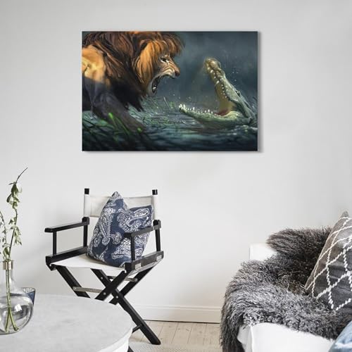 Poster lion et crocodile grand format 50x75 tableau décoration murale