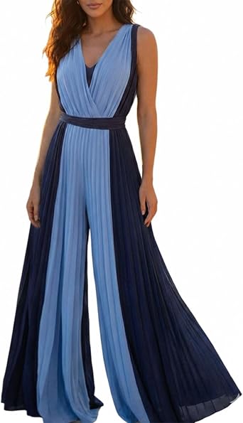 CHICME Womens Sleeveless Color-Blocked Jumpsuit Plunge V Neck Waist Tied Detail Pleated One Piece Jumpsuits for Women