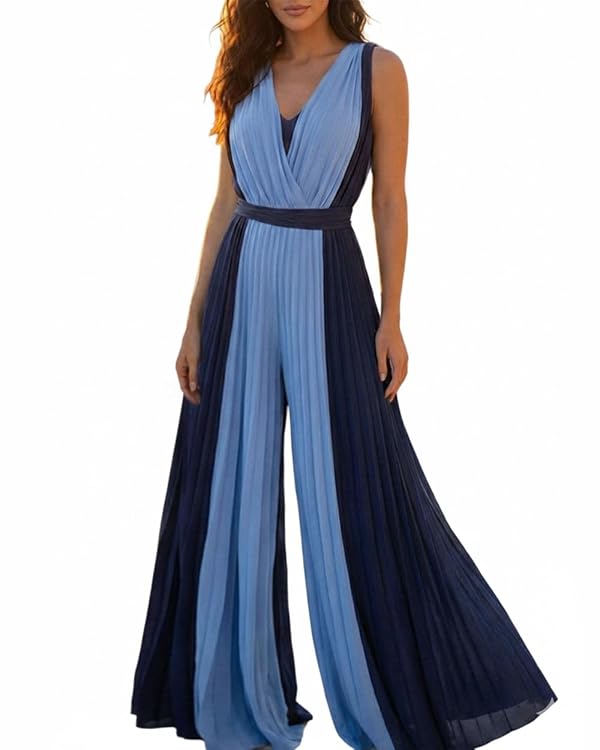 CHICME Women's Sleeveless Color-Blocked Pleated Jumpsuit-Dark Blue-S by CHICME - Used condition - US$25.51