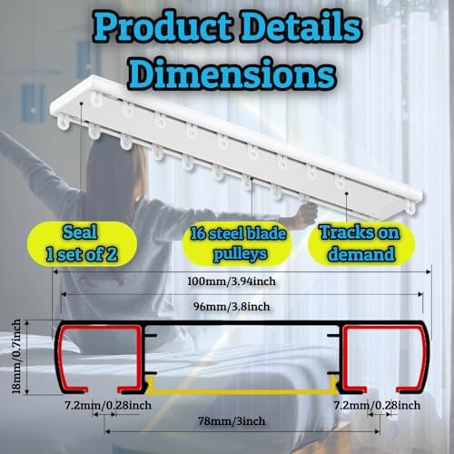 Sliding Curtain Track, Ceiling Mount Double Rod Rail for Room Divider, Aluminum Alloy with Hooks & Accessories, 300cm (117.6in) - Ideal for Living Room, Bedroom, Closet & Sliding Doors (Black)