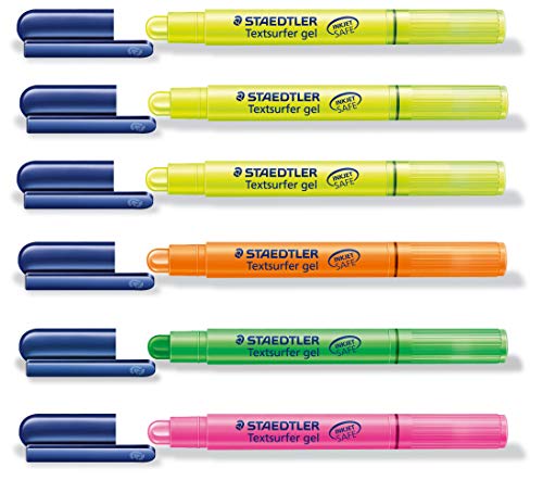 STAEDTLER Textsurfer Gel Lot de 6 surligneurs dont 3 jaunes et 1 orange, rose et vert fluo