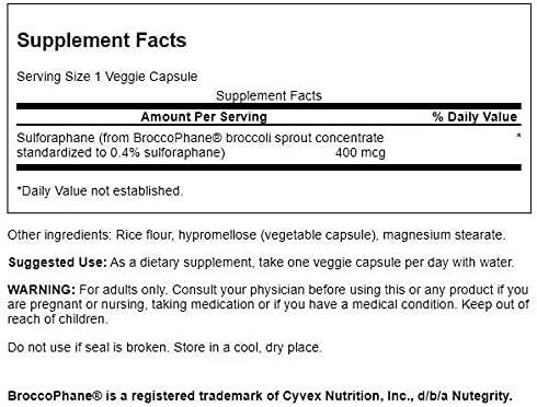 Swanson Sulforaphane - Broccoli Sprout Extract Supporting Cellular, GI Tract, and Liver Health - Natural Supplement Standardized to 0.4% Sulforaphane - (60 Veggie Capsules, 400mcg Each)