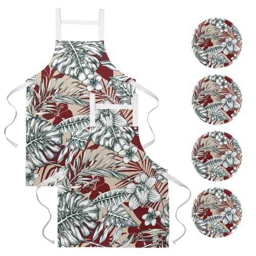 Lot de 2 tabliers de cuisine avec motif feuilles de monstera tropicales