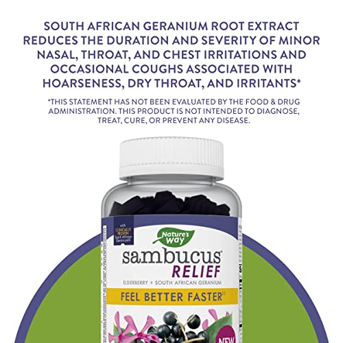 Nature’s Way Sambucus Relief Gummies, Feel Better Faster**, Reactive Support, Clinically Proven South African Geranium, With Elderberry, Vitamin C & Zinc, 60 Gummies #TOP2