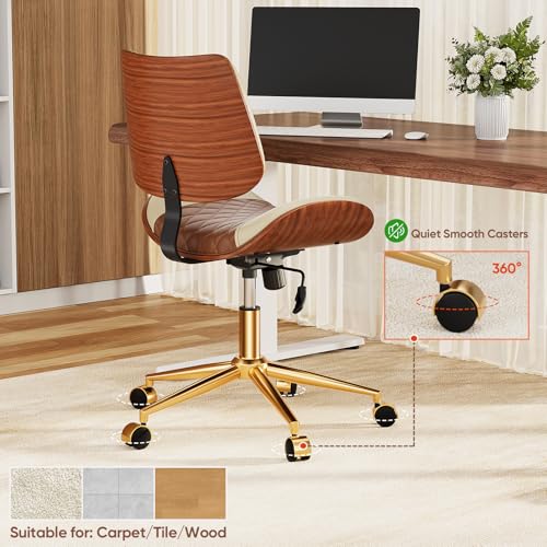 Image of Armless Office Chair with Back, Mid Century Modern Small Desk Chair, No Arms Leather Computer Chair for Home Office, Swivel Vanity Chair, Rolling, Adjustable Height (Brown+Beige)