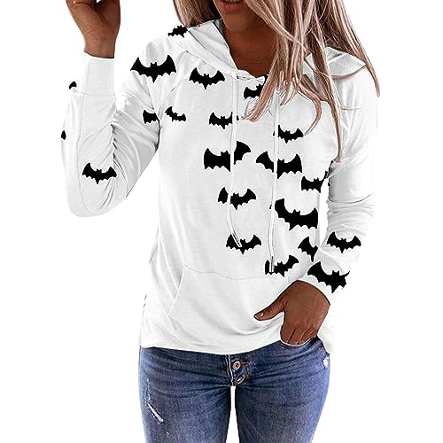 Kapuzensweatshirt Damen Weiß Pulli Sweatshit Halloween Kürbisdruck...