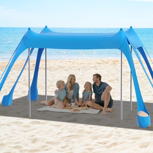 FAHKNS Beach Tent, Camping Sun Shade UPF50+ with 8 Sandbags, Ground Spikes and Stabilizer Poles, Sand Shovel, 10x10ft Beach Sunshade, Beach Tent for Camping, Fishing and Picnicking (Sky Blue)