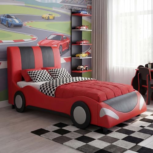 Mendler Bett HWC-E14, Auto Junge Kinderbett Jugendbett, Lattenrost Kunstleder Holz 190x100cm - schwarz-rot