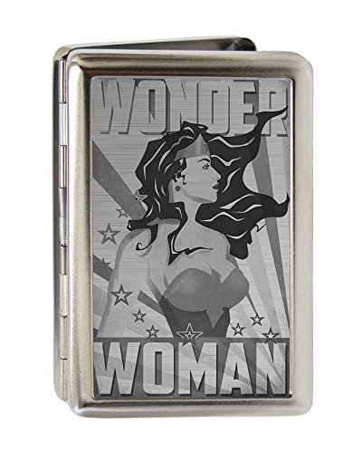 Buckle-Down Metal Wallet-Wonder Woman Pose/Stars & Rays Brushed Silver