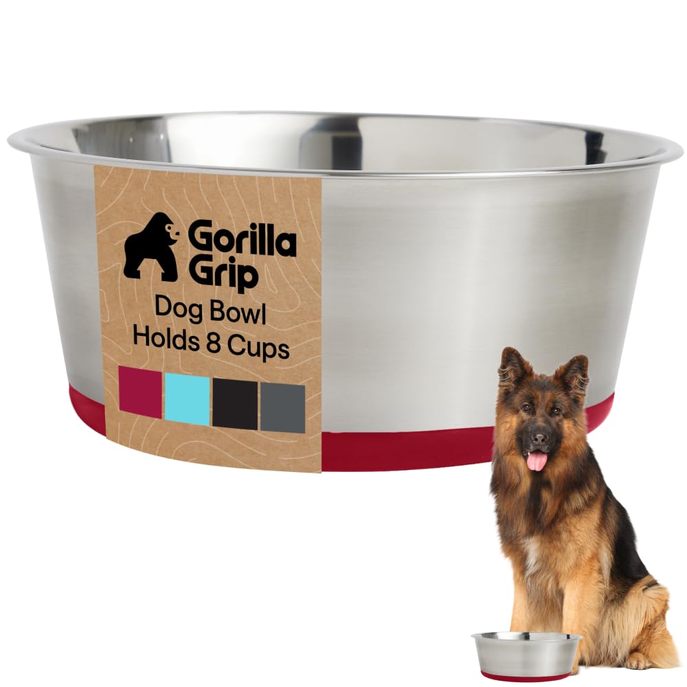 GORILLA GRIP Dog Bowl, Food Grade Stainless Steel Water Bowls, 8 Cup Red