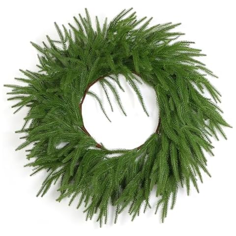24 Inch Christmas Wreaths for Front Door,Real Touch Artificial Norfolk Pine Wreath Christmas Decorations Large Greenery Garland for Wall Windows Fireplace Farmhouse Indoor Outdoor Xmas Decor Cover
