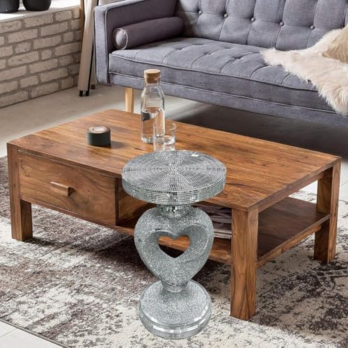 AIDNI Silver Heart Shape Mirrored Side Table, Crushed Diamond Sparkly End Table, Luxury Crystal Glam Bedside Stand or Plant Holder for Bedroom & Living Room Decor– 60cm Tall - Image 2