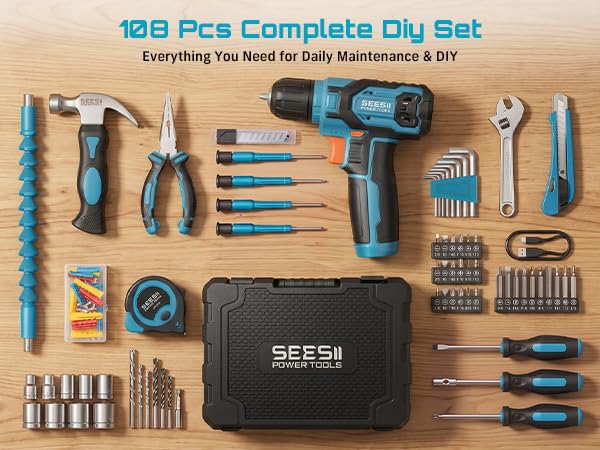 108-Piece Seesii Cordless Drill Home Tool Kit w/ 12Nm Torque and 2000mAh Battery 29.99 + Free Shipping w/ Prim + 50% Off Code SLETF4N6 - image 2