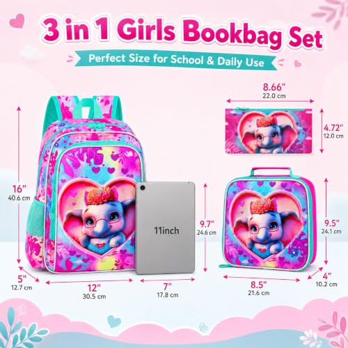 Image of 16 inch Girls Backpack, 3Pcs Elephant School Bookbag with Lunch Box, Kids Backpacks for Elementary Preschool Kindergarten(Pink)