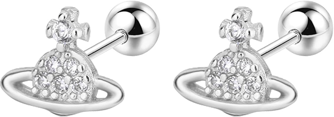 20G Tiny Cute Saturn Stud Earrings for Women Silver Plated Cubic Zirconia Planet Aesthetic Y2k Earring Small Ball Screw Back Studs Mini Cartilage Tragus Long Post Dainty Space Jewelry Gifts