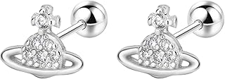 20G Tiny Cute Saturn Stud Earrings for Women Silver Plated Cubic Zirconia Planet Aesthetic Y2k Earring Small Ball Screw Back Studs Mini Cartilage Tragus Long Post Dainty Space Jewelry Gifts