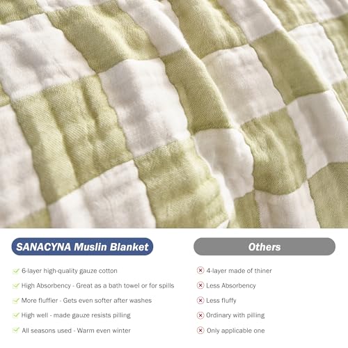 Image of SANACYNA Muslin Throw Blanket 100% Cotton Green Grid Cooling Blanket 6-Layer Gauze Lightweight Soft Breathable Blanket for Sofa Couch Birthday Gifts for Daughter (Green Checkerboard, Throw 50 inchx60 inch)