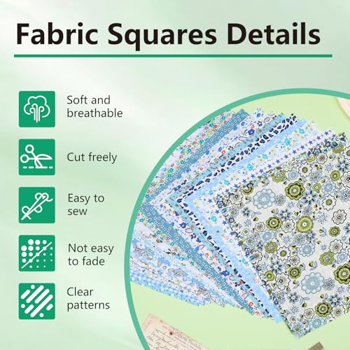 Image of 60 Pcs Fabric Squares, Blue Floral Cotton Quilting Fabric for Sewing