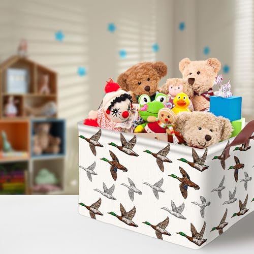 Image of Mallard Duck Storage Basket Waterproof Canvas Toy Storage Bin Mallard Duck Room Decor Collapsible Outdoor Basket with Leather Handles Blanket Baskets For Closets,Bedrooms,Gifts Baskets