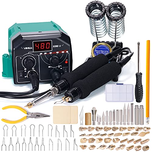 YIHUA 939D-II 2-IN-1 Digital Pyrography Station Wood-Burning Kit with 2 Wood Burning Pens 200~480°C & 250~750°C with Variable Temperature Adjustable with 79 PCS Accessories and Wood-Burning Tips