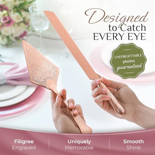 Orblue Wedding Cake Knife and Server Set - Premium, Beautifully Engraved Cutting Set - Elegant Keepsake for Newlyweds Rose Gold by Orblue - Used condition - US$21.00