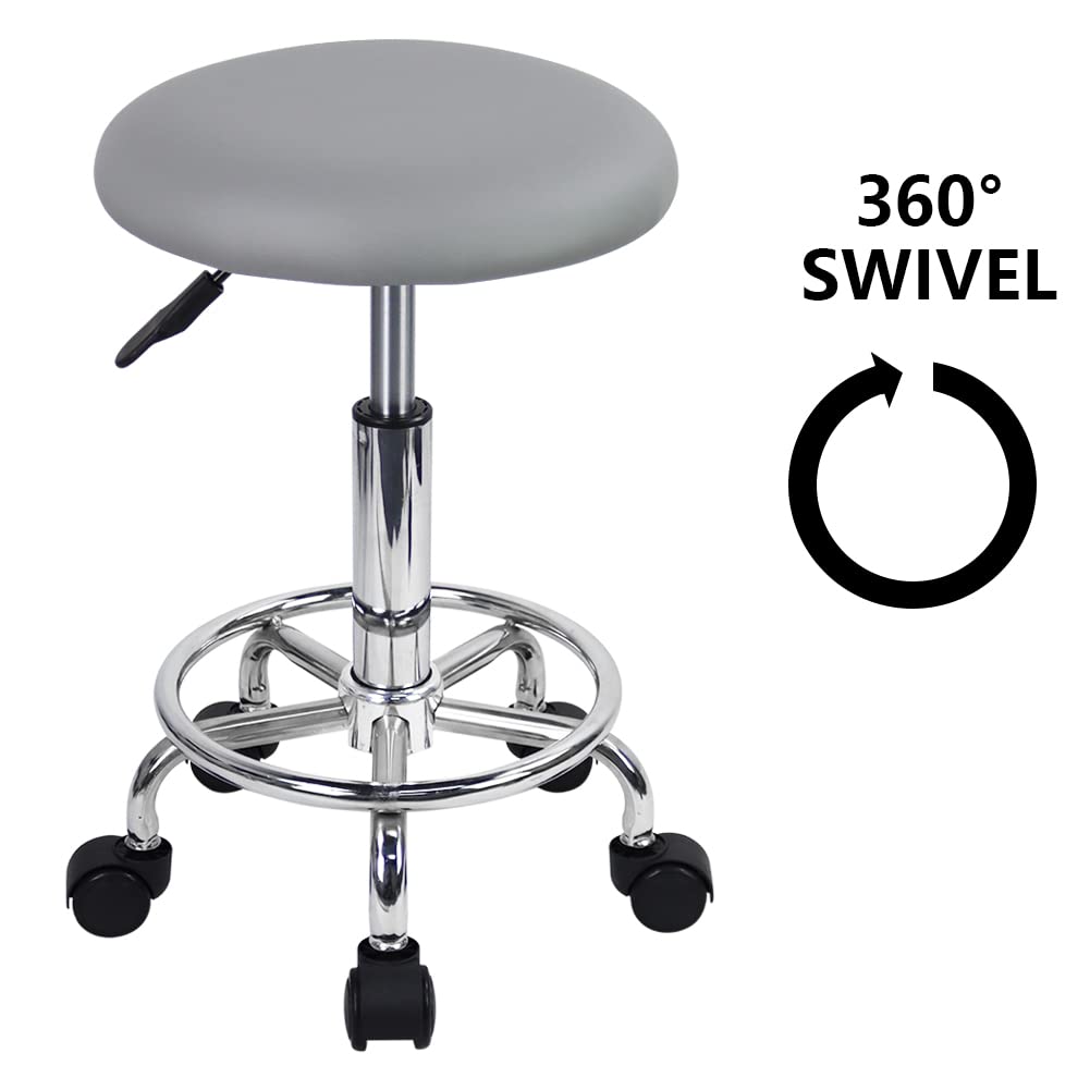KKTONER Taburete con Ruedas y reposapiés de Piel sintética Taburete de Trabajo Redondo Giratorio 360° Taburete de Oficina con Altura Ajustable 49-64cm Gris