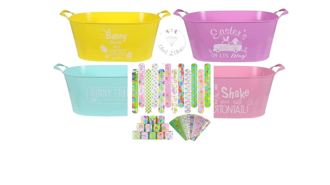 VE Easter Plastic Oval Bucket Containers with Handles. Each Bucket Have a Different Wording Comes with It's Very own Personalized VE Drawstring Bag; Easter Slap On Bracelet!
