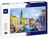 Lais Puzzle Maisons colorées, Canal, Bateau et église sur la célèbre île de Burano, Venise, Italie 500 Pièces