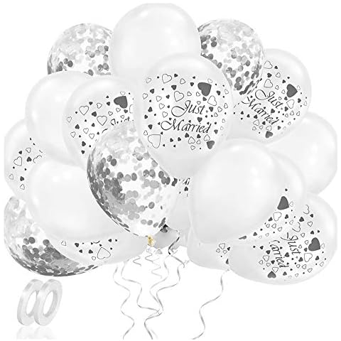 50 pieces balloons silver white, 12 inch confetti helium balloons, wedding balloons just married latex balloons set with silver ribbon for engagement, marriage proposal, party decoration Cover
