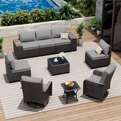 ASJMR 9 Pieces Patio Furniture Set with 2 Swivel Chairs Patio Furniture Outdoor Sectional Sofas Outdoor Patio Conversation Set - Grey