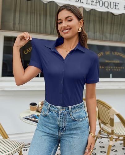 Image of Gleeivy Women's Slim Fit Button Down Shirt Stretch Short Sleeve Wrinkle-Free Work Blouse for Business Casual Office
