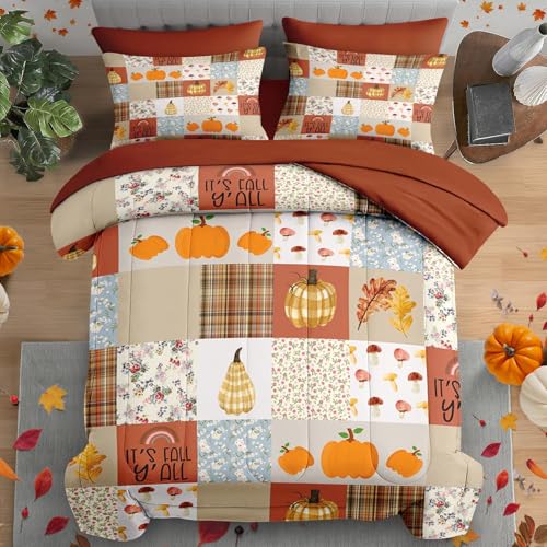 Pamnest Fall Comforter Set Queen Size, Pumpkin Grid Square 7 Pcs Bedding Set for Kids and Adults, Autumn Harvest Plants Bed Sheet Sets with Fitted Sheet 2 Pillowcase & 2 Sham for Bedroom Bed Decor