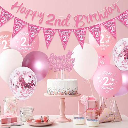 2nd Birthday Decorations for Girls, Pink 2nd Balloons with Happy 2nd Birthday Banner, 32 Inch Number 2 Balloon Cake Topper for Pink Party Decorations - Image 2