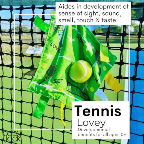 Image of Baby Jack & Co 10x10 inch Tennis Sports Lovey Sensory Plush Blanket - Tag Toys for Babies - Baby Stroller Toys - Learn Shapes, Letters & Colors - Perfect MVP Baby Toy & Baby Sports Gift w /Stroller Clip