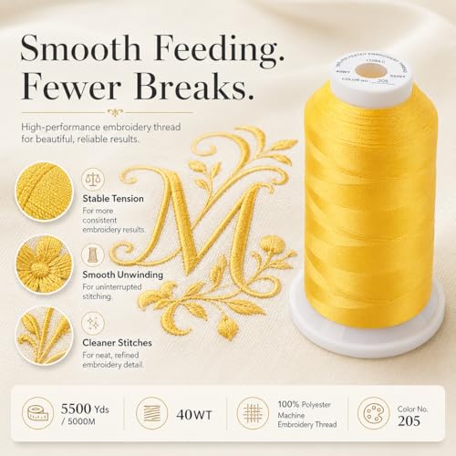Image of Simthread Embroidery Thread 5500 Yards Harvest Gold 206, 40wt Polyester for Brother, Babylock, Janome, Singer, Pfaff, Husqvarna, Bernina Machine | 5000M 40WT polyester thread feeds smoothly for home or commercial embroidery projects.