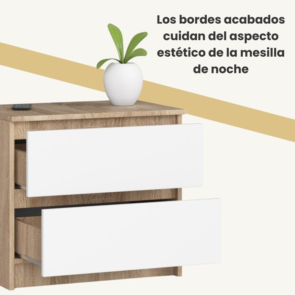 AKORD K60 - Cómoda con 2 cajones para sala de estar, dormitorio, armario, oficina, sala de trabajo, diseño funcional moderno, 60 x H 55 x D 40 cm, peso 20 kg, roble Sonoma/blanco