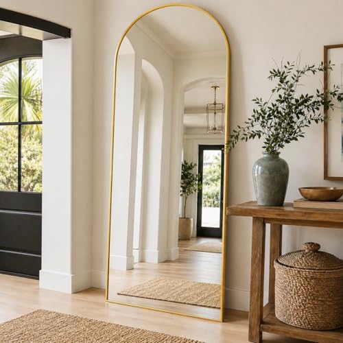 Image of Full Length Mirror, 71 inchx27 inch Arched Floor Mirror Freestanding, Floor Standing Full Body Mirror with Stand for Bedroom, Hanging Mounted for Living Room Cloakroom, Gold