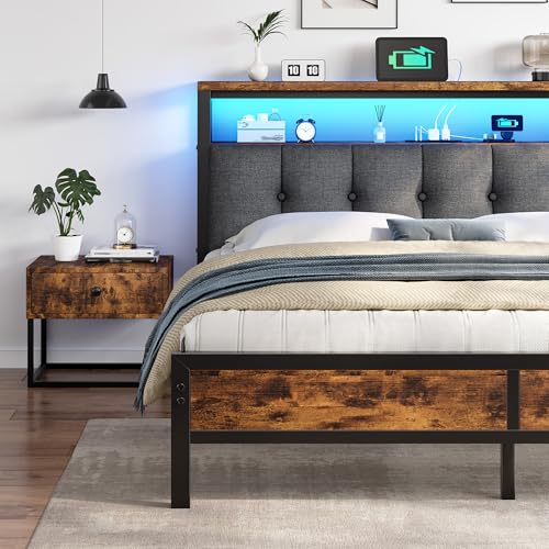 Image of Homkdom Queen Bed Frame with Charging Station and 12 inch Under-Bed Storage | Charging Station,LED Linghts,Upholstered Storage Headboard,Noise-Free,No-Sliding,Support,Vintage Brown