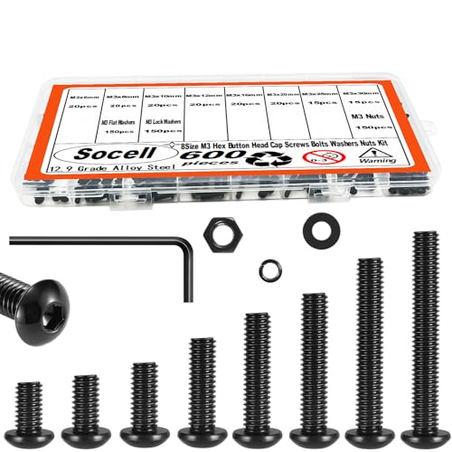 600pcs M3 Screws,M3 Screw Assortment Kit (8 Sizes 6-30mm) for 3D Printer DIY,Hex Button Head Cap Screws Bolts Nuts Washer Kit,10.9 Grade Alloy Steel,Black Oxide,M3-0.5 x 6/8/10/12/16/20/25/30mm