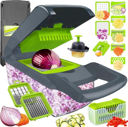 Image of Vegetable Chopper 16 in 1 with Container, Veggie Chopper Food Chopper and Dicer, Onion Chopper Vegetable Cutter with 8 Stainless Steel Blades, Easy Meal Prep Kitchen Tool, Green