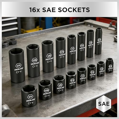 Image of SWANLAKE 3 /8'' Drive Impact Socket Set, 50-Piece Standard SAE (5 /16 to 3 /4 inch) and Metric (8-22mm) Size, 6 Point, Cr-V, 3 /8-Inch Ratchet Handle, Extension Bar, Universal Joint