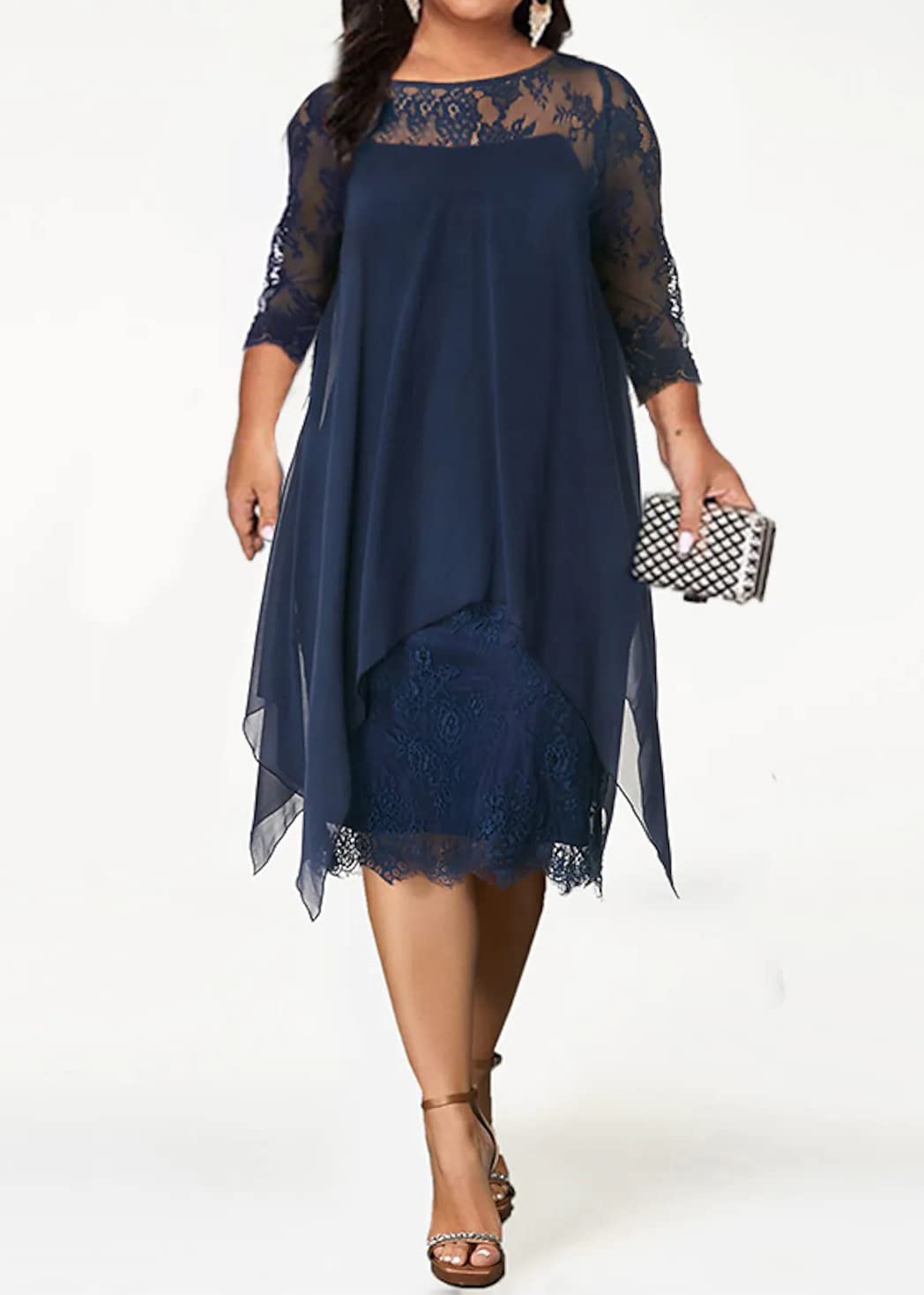shownicer Femmes Robe en Dentelle De Soie À Manches 3/4 Grande Taille Robes Lâche Elégante Au Genou Robe de Soirée Cérémonie Cocktail Mariage