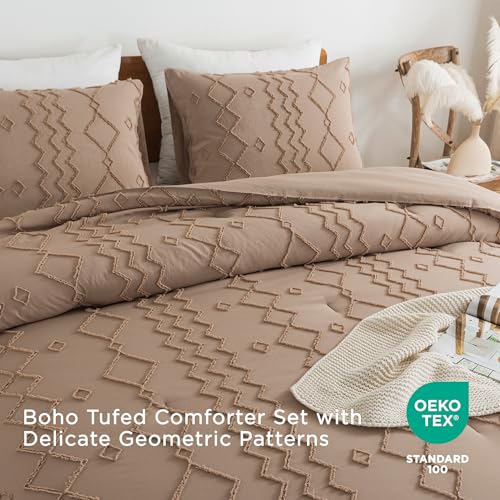 Image of Andency Taupe Tufted Comforter Set Full(79x90Inch), 3 Pieces(1 Boho Comforter, 2 Pillowcases) Textured Farmhouse Bed, Soft Down Alternative Geometric Bedding Set
