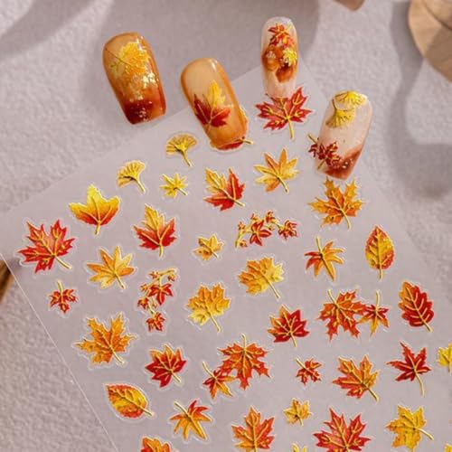 Image of Autumn Maple Leaf Nail Stickers 5D Embossed Fall Nail Decals for Nail Art | Gold Red Leaves Nail Art Stickers with Design Self Adhesive Nails Charms Supply for Women Manicure Decoration Accessories