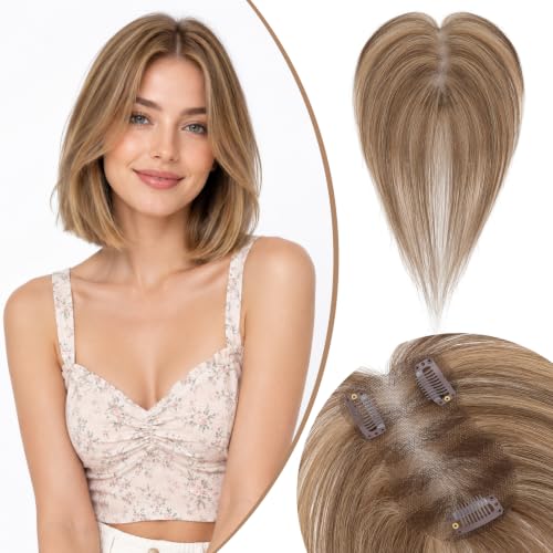 Rich Choices Lightweight Breathable 100% Human Hair Topper with Side Bangs/No Bnag 11Inch #4P27 Medium Brown Highlight Dark Blonde Hair Toppers for Women Real Human Hair Remy Hairs Toppers