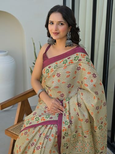 Image of SIRIL Women's Pure Cotton Geometric Printed Saree With Unstitched Blouse Piece