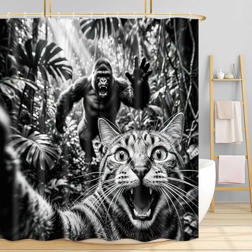 Image of Funny Cat Selfie with Gorilla in Jungle Shower Curtain, Black White Humorous Animal Bathroom Decor, Waterproof Polyester Fabric Bath Curtain Set with 12 Hooks, 47x64 Inch
