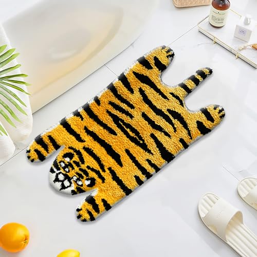 UKELER Kids Bathroom Rugs, Cute Tiger Shaped Nursery Rug Cartoon Bath Rug Non Slip Funny Accent Bedroom Rugs Absorbent Shag Bath Mats for Bathroom, Kids Room, Bathtub, Sink, Entry Way 35''×20''