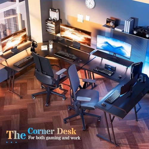 Image of HLDIRECT 51 Inch L Shaped Gaming Desk with Monitor Stand and LED Lights, Corner Computer Desk with Carbon Fiber Surface, PC Gaming Table for Home Office Writing Workstation, Easy to Install, Black